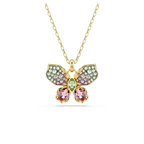 Swarovski Idyllia Anhänger, Mehrfarbige, Vergoldete Damenhalskette mit Schmetterling-Anhänger aus Strahlenden Kristallen, Länge: 42-49 cm