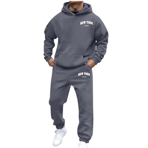 trainingsanzug herren grau, Jogginganzug Herren Set 2 Teiler Trainingsanzug Langarm mit Taschen Jogging Anzug Tracksuit Baggy Sportanzug Streatwear Sport Hoodie und Jogginghose Freizeitanzug Hausanzug