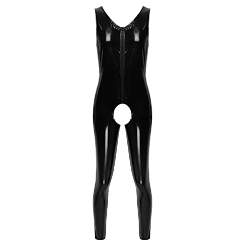 Celanisai Herren Erotik Jumpsuit aus Wetlook Latex Anzug Kurzarm Mantel Sexy Schwarz PU Leder Bodysuit Einfarbige Causal Kleidung Ganzkörper Trikot Body Shaper Kostüm Bequem Fit Uniform