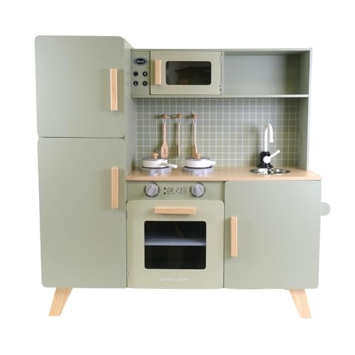 Bandits & Angels Holz-Kinderküche XL Modern Green ab 3 Jahren – Thekenhöhe 52 cm – Inkl. 5 Zubehörteile - Für Jungen und Mädchen - Kinderküche - Spielzeugküche - Grüne Spielküche