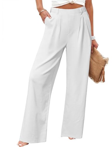 Friptspyg Palazzo Hose Freizeithose Damen Sommer Hohe Taille Palazzo Elastische Freizeithose mit Taschen,Weiß L