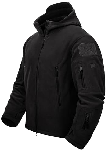 TACVASEN Herren Fleecejacke Military Outdoor Winddichte Jacke mit Kapuze- Gr. L, Schwarz