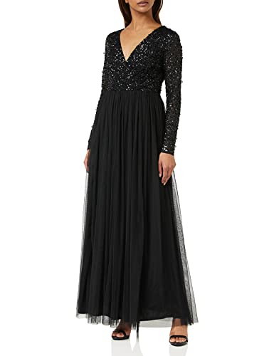 Maya Deluxe Damen Womens Ladies Dress Sleeve for Wedding Guest V Neck High Empire Waist Maxi Long Length Evening Bridesmaid Prom Kleid, Black, 46