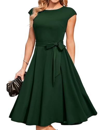 DRESSTELLS Cocktailkleid Damen Elegant Dunkelgrün 1950er Knielang Rockabilly Hochzeitkleid Vintage Abendkleid Kurz Swing Festlich Midilang Sommer Kleid DarkGreen L