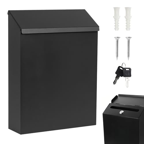 22 X 6.5 X 29cm Mini Briefkasten Schlüsselkasten, Zaunbriefkasten Mit Schloss und 2 Schlüsseln,Wandbriefkasten,Postkasten für AußEnbereich, Zuhause, BüRo, Garten (Schwarz)