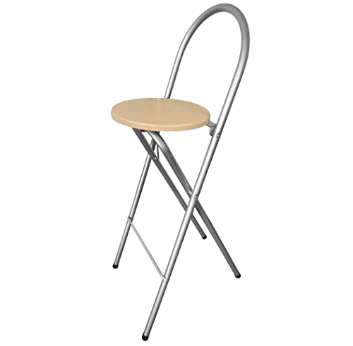 KMH Barhocker Bill klappbar – 73,5 cm Sitzhöhe, Stahlgestell Silber, MDF Sitz mit Buchendekor, mit Rückenlehne & Fußstütze, platzsparend & stabil, ideal für Küche, Bar & Events