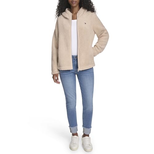 Tommy Hilfiger Damen-Kapuzenjacke mit Reißverschluss, Sherpa-Fleece, Light Heather Fawn, S