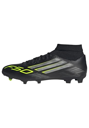 adidas Unisex F50 League Mid Firm Ground/Multi Ground Football Boots, Core Black/Iron Metallic/Lucid Lemon, 43 1/3 EU