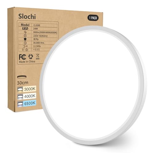 slochi LED Deckenleuchte Flach 24W 2800LM, 3Farben - 3000K/4000K/6500K, Ø30CM Deckenlampe IP54 Wasserfest Rund Badlampe, Modern LED Lampen für küche Badezimmer Schlafzimmer Flur Wohnzimmer, Weiß