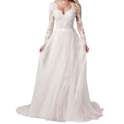 Leeonway Brautkleider FüR BräUte,Hochzeitskleider FüR Damen,Spitze Brautkleid Mit äRmel Grosse GröSsen,Eine Linies Spitze Appliziertes Brautkleid,Mit Schleppe,Vintage,TüLl,FüR Braut