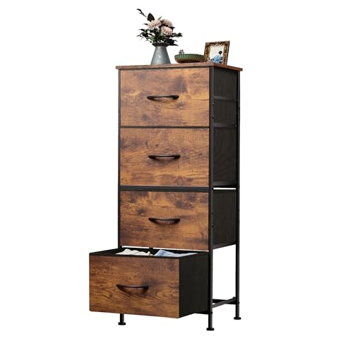 WLIVE Kommode mit 4 Schubladen aus Stoff, Kommodenschrank für Schlafzimmer, Kommode Wohnzimmer, mit Stabiler Stahlrahmen, Holzplatte, Rustikales Braun