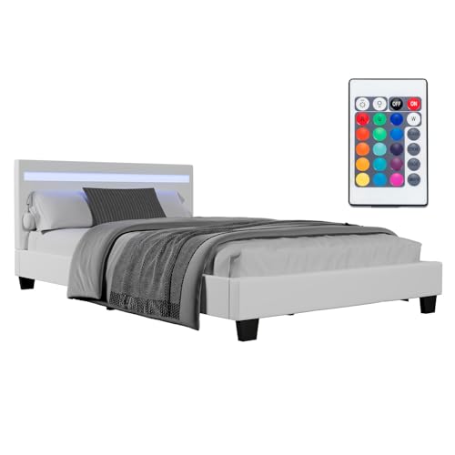 Juskys Polsterbett Paris 120x200 cm mit LED-Beleuchtung, Lattenrost & Kopfteil, Bett mit Gestell aus Holz & Kunstleder Bezug, weiß