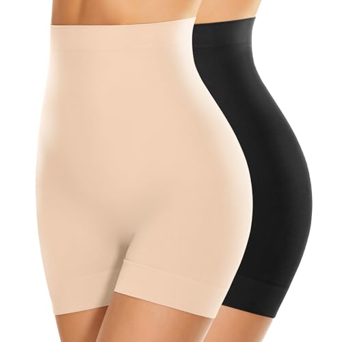 SIMIYA Bauchweg Unterhose Damen Hohe Taille Shapewear Leichte Bauchkontrolle Nahtlose Miederhose Leggings Kurze Figurformende Miederpants Unter Kleid Kurze Unterwäsche (Schwarz+ Beige, M)