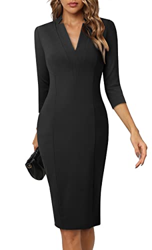 HOMEYEE Damen Elegant V-Ausschnitt 3/4 Ärmel Cocktail Retro Bodycon Bleistiftkleid Business Midi Etuikleid B760 (M, Schwarz)