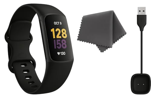 Fitbit Charge 6 Fitness Tracker (Bundle) - Black/Obsidian - Heart Rate, GPS, Sleep & Stress Tracking + Fast Charger, & Cleaning Cloth