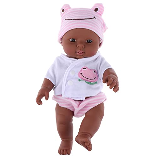 Perfeclan 30 cm Afrikanische Babypuppe mit Schlafaugen & Kleidung,Realistische Weichkörperpuppe, Abwaschbar, Lernspielzeug für Kinder ab 3 Jahren, Rosa