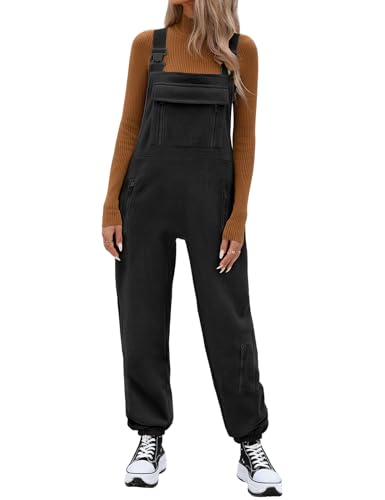 PASUDA Latzhose Damen Winter Fleece Overall Lässig Lockere Jumpsuit Lang Ärmelloser Warm Latzhosen Verstellbare Riemen Hosen Bib Arbeitshose mit Taschen (Schwarz, L)