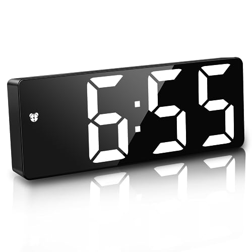 JQGO Wecker Digital, LED Digitaler Wecker Spiegel Tischuhr USB-Kabel Schlanker Wecker, 12/24 Stunden, Snooze, Sprachsteuerung, Temperatur Anzeige, Helligkeit Regelbar, Schlafzimmer (ohne Spiegel)