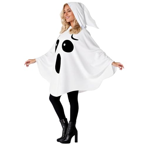Weißes Geistercape mit Kapuze, Halloween Kostüm Erwachsene Geist Kostüm Damen für Halloween Feiern Horror Cosplay Kostüm Cape Damen