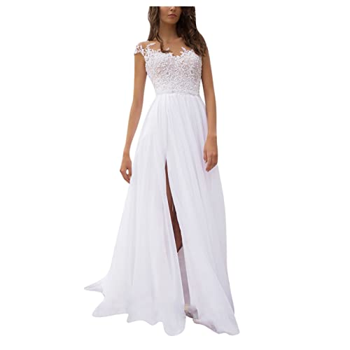 Damen Spitze Chiffon Hochzeitskleid Brautkleider Appliques Standesamt Brautmode Brautkleider Seitenschlitz A-Linie Lang Kleid Elegant Rückenfrei Kleider Brautkleid seitlichem Kleid Spitzenkleid