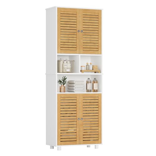 FORABAMB Badezimmerschrank hoch, Badezimmer Hochschrank mit 3 offenen Fächern und verstellbaren Ablagen, Badschrank mit 4 Bambustüren, Bad hochschrank für Wohnzimmer, Küche und Bad, 60 x 30 x 170 cm