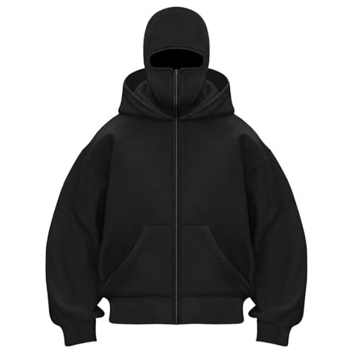Balaclava Zip Hoodie Herren Damen Einfarbig Kapuzenpullover Warm mit Sturmhaube Casual Hoodie mit Reißverschluss und Tasche Lockeres Sweatjacke Y2K Tops Fleece Winddichte Übergangsjacke Motor Fahrrad