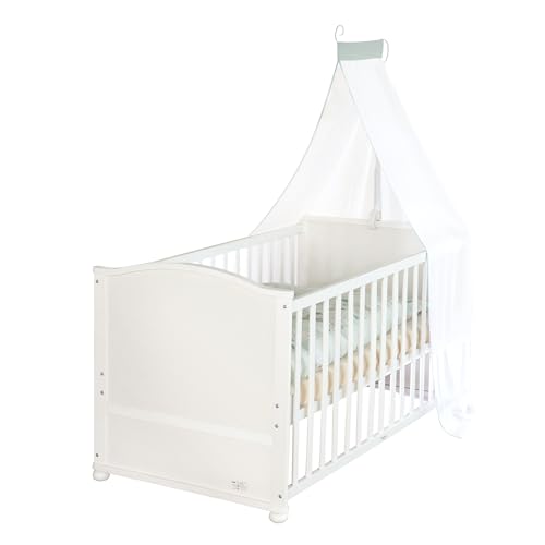 roba Babybett 70x140 cm Woodland Buddies – Umbaubares Kinderbett mit Zubehör – Inkl. Matratze, Himmel & Bettwäsche-Set 100x135 cm – Weiß/Grün – Für Babys & Kleinkinder