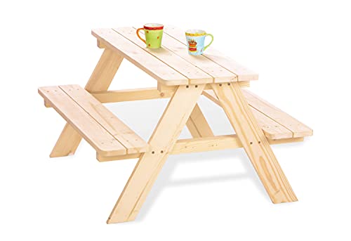 PINOLINO Nicki 4er Kindersitzgruppe - Kindertisch - Picknicktisch aus Massivholz, Kinder Spielbar - Langlebige Sitzbank für draußen, Kindergartenmöbel ab 2 Jahren, Outdoor-Tisch 90 x 79 x 50 cm
