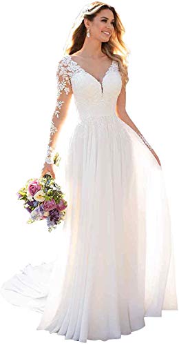 HUINI Brautkleider Spitzen Lang - Chiffon Hochzeitskleider Standesamt V-Ausschnitt Prinzessin Brautkleid Langarm Elfenbein 36