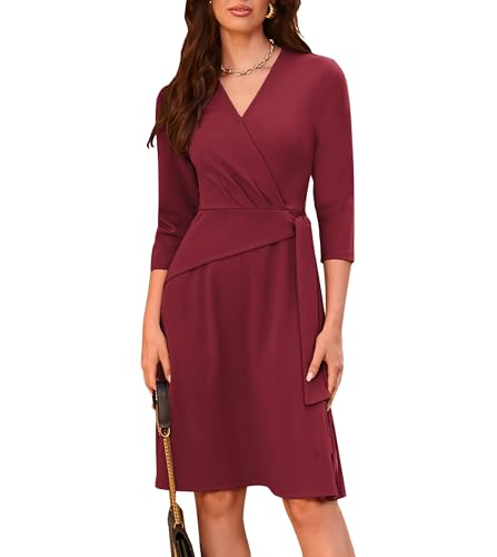 Damen A-Linien-Kleid V-Ausschnitt 3/4-Ärmel Reißverschluss Hinten Bindegürtel in Der Taille Weinrot M