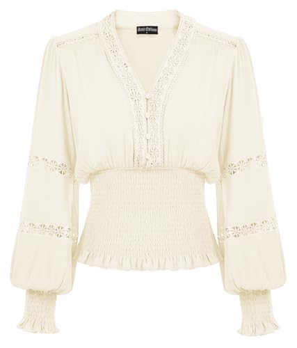 SCARLET DARKNESS 2025 Frühling Sommer Mittelalter Trachtenbluse Gesmokt Taille Hollow Out Carmenbluse Creme M