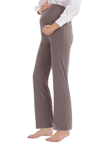 LaiEr Bequeme Umstandshosen Breites Bein Entspannende Yogahose mit extra Bauch-Panel Hosen Lounge Hosen Stretch Schwangerschaft Hose(Light Brown,Large)