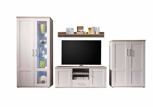 ROMANCE Wohnwand Wohnzimmer Komplett-Set in Sibiu Lärche / Eiche San Remo Optik - Elegante Landhausstil Schrankwand - 329 x 201 x 50 cm (B/H/T)