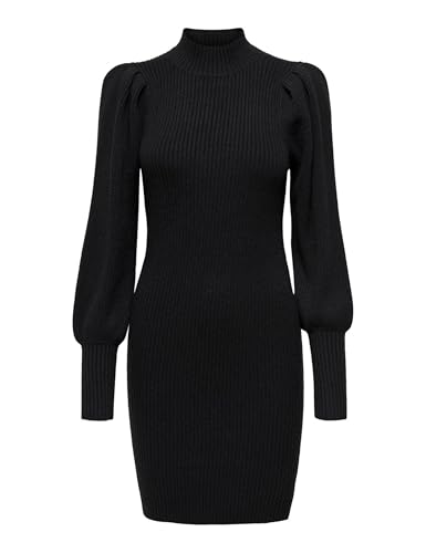 ONLY Damen Langarm Strickkleid | Regular Fit Mini Pullover Dress | Rundhals Stehkragen Shirt ONLKATIA, Farben:Schwarz, Größe:L