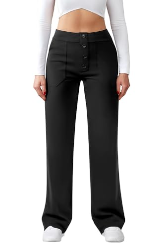 Friptspyg Hose Damen Hohe Taille Weite Hose Knopf Gerades Bein Hose Casual Arbeit Hose Stretch Yogahose mit Taschen, Schwarz XS