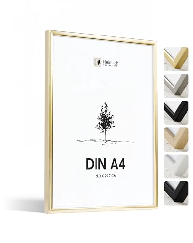 Heimlich® - Bilderrahmen - A4 21x30 cm, Aluminium Metall, Gold - Urkundenrahmen mit Kunststofffolie - Wandmontage oder Tischaufsteller
