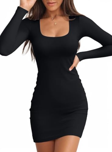 TrendiMax Damen Bodycon Minikleid Gerippt Langarm Freizeitkleid U-Ausschnitt Stretch Party Club Kleid Enges Basic Kleider Einfarbig (S, Schwarz)