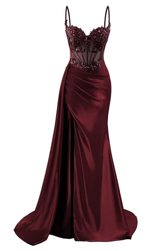 HPPEE Damen Spaghettiträger Satin Abiballkleider mit Schlitz Spitzen-Applikation Meerjungfrau Formales Partykleid, burgunderfarben, 32