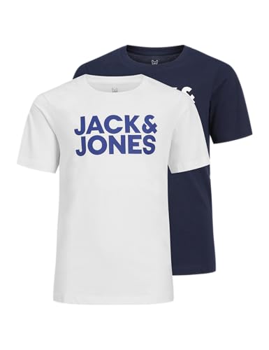 JACK & JONES JUNIOR Jungen Jjecorp Logo Tee Crew Neck 2pk Jnr T Shirt, Navy Blazer/Pack:Navy Blazer Large Print + White Large Print, 140 EU