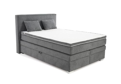 Trendiges Boxspringbett 140x200 cm mit 7-Zonen-Tonnentaschen-Federkernmatratze H4 inkl.Kaltschaum-Topper mit Keder, Box mit Bonell-Federkernpolsterung, 2 großen Bettkästen, Bezug Chenille Grau / 20010