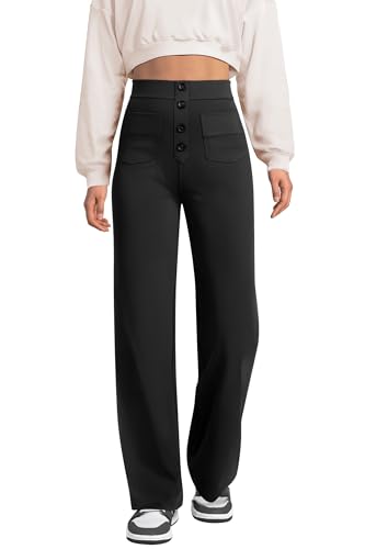 Glacspyg Weite Hose Damen Hohe Taille Sporthose Knopf Gerade Hosen mit Taschen Elastische Freizeithose Schwarz M