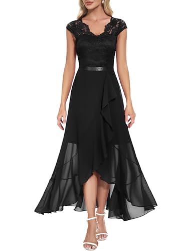 Bbonlinedress Schwarzes Kleid Damen Abendkleid lang Elegant Winter Cocktail Spitze Chiffon Hochzeit Brautkleid Party Ballkleid Black M