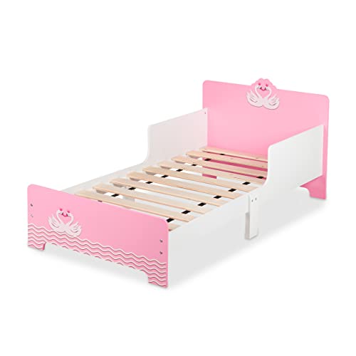 Relaxdays Kinderbett mit Rausfallschutz, HxBxT: 60x77x143 cm, Lattenrost, Kleinkindbett mit Schwan-Motiv, MDF, weiß/rosa