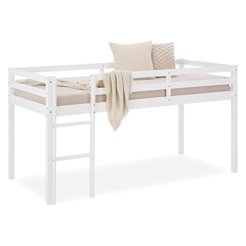 Homestyle4u Hochbett 90x200 Weiß Holz mit Treppe für Kinder Kinderbett mit Rausfallschutz Jugendbett Etagenbett Kiefer Massivholz | Artikel 1433