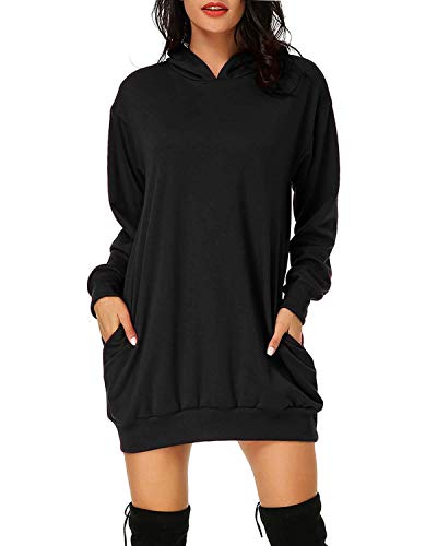 Cassiecy Damen Hoodie Kleid Pullover Langarm Sweatshirts Kapuzenpullover Tops Herbst Mini Kleid (Schwarz,M)