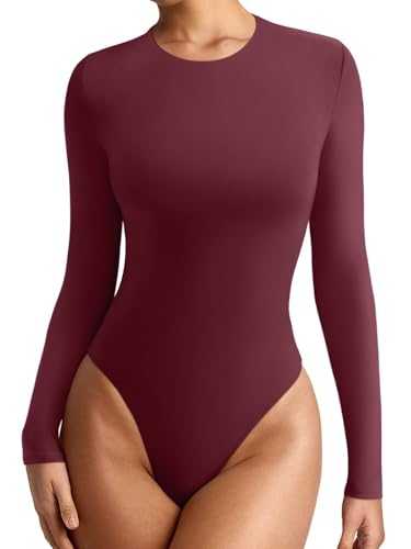 REORIA Damen Schmale Passform Bequemes Lagenoberteil Herbst Winter Outfits Bodysuits mit Rundhalsausschnitt und langen Ärmeln Burgund XS