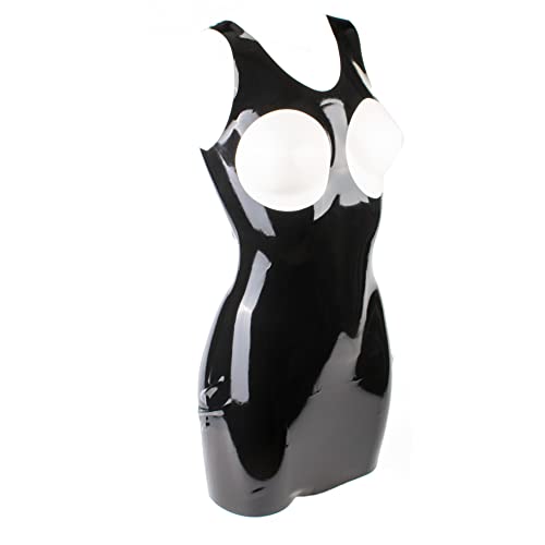 Rubberfashion Latex Mini Kleid - Latexkleid kurz - Arm frei mit Trägern brustfrei - sexy Frauen Kleider für Damen schwarz 0.4mm XL