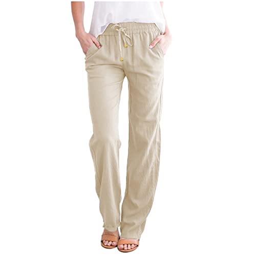 NAJZYBA Sommerhose Damen Leicht Leinenhose Hose Musselin Hosen Stoffhose Einfarbig Freizeithose Gerade Geschnitten Hose Sommerhose und Taschen (0106&05-Beige, M)