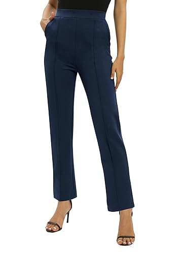 EXCHIC Damen Business Büro Gerades Bein Arbeits Hosen Freizeit Elastische Taille Hosen mit Taschen(L, Navy Blau)