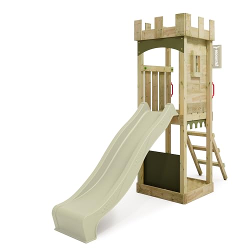 FATMOOSE Spielturm Ritterburg TreasureTower Top XXL mit salbeigrüner Rutsche, Outdoor Kinder Kletterturm mit Sandkasten Leiter & Spiel-Zubehör für den Garten